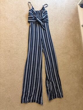 Target Navy and White Striped Wide-Leg Jumpsuit with Front Tie